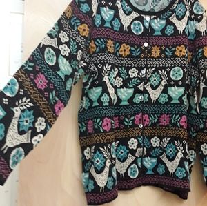 Gudrun Sjoden Firlia Folk art Bird Peacock Black Sweater Cardigan Top XL